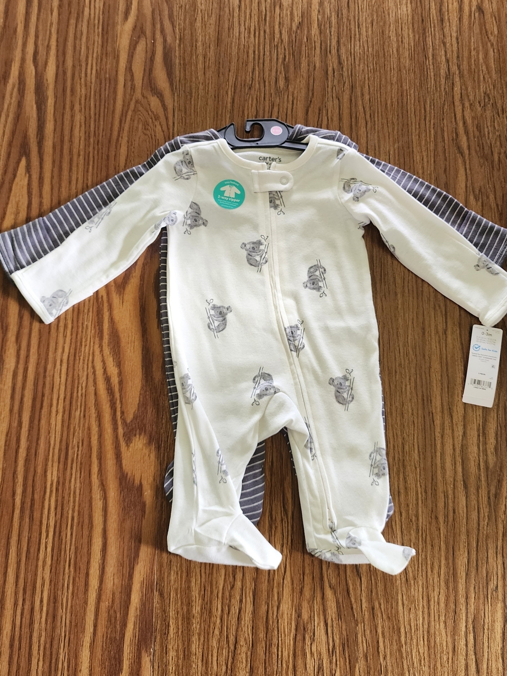 Carter's White Koala Print & Gray Striped Footed One-Piece Set